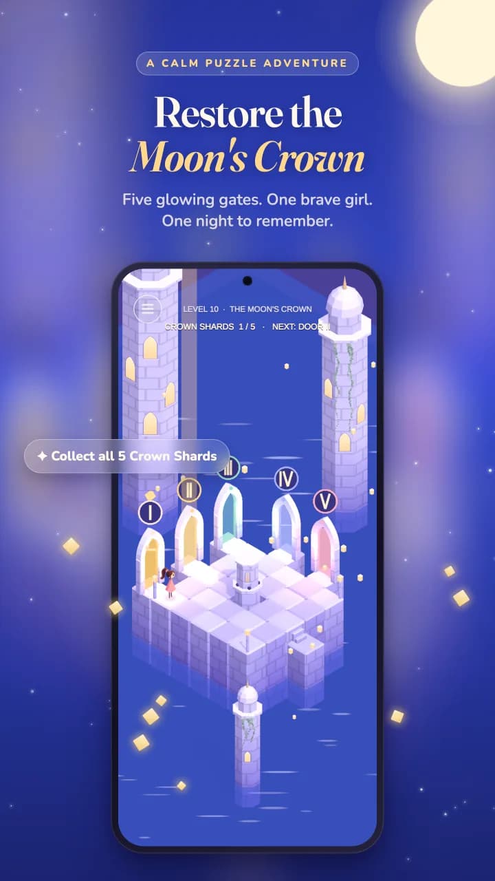 Tidal Temple gameplay: Nami stands before five glowing moon gates in Level 10, The Moon's Crown
