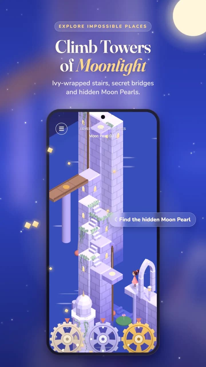 Tidal Temple gameplay: ivy-wrapped isometric towers, secret bridges and a hidden Moon Pearl in Level 8, The Twin Gates