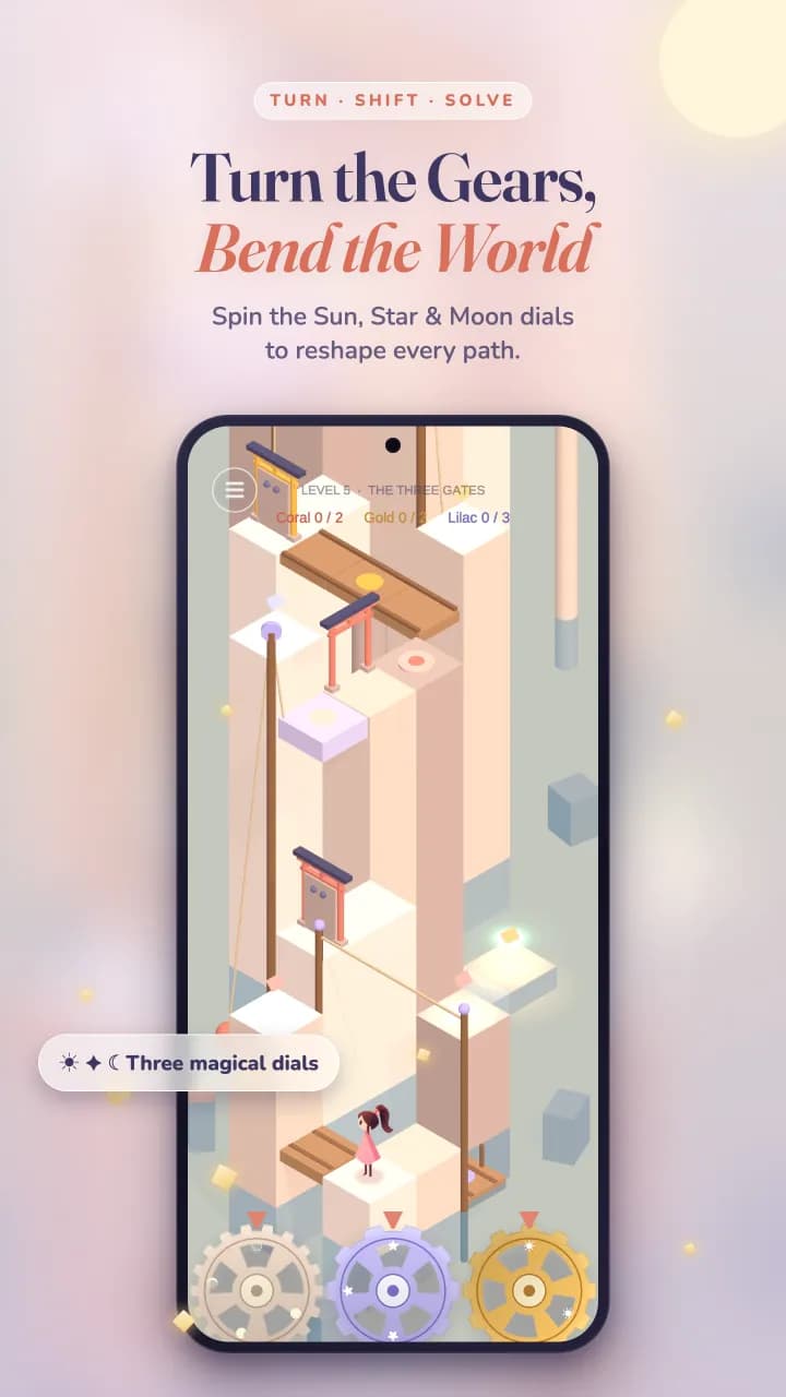 Tidal Temple gameplay: Sun, Star and Moon gear dials reshape the path in Level 5, The Three Gates