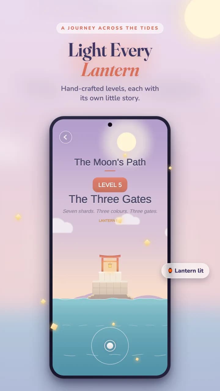 Tidal Temple level select: The Moon's Path storyboard showing a lantern shrine on the tide