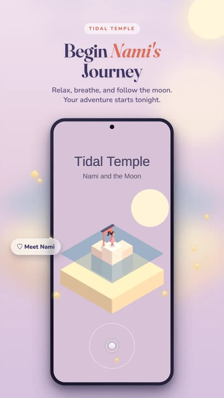 Tidal Temple title screen: Nami beneath a torii gate on a floating island under the moon
